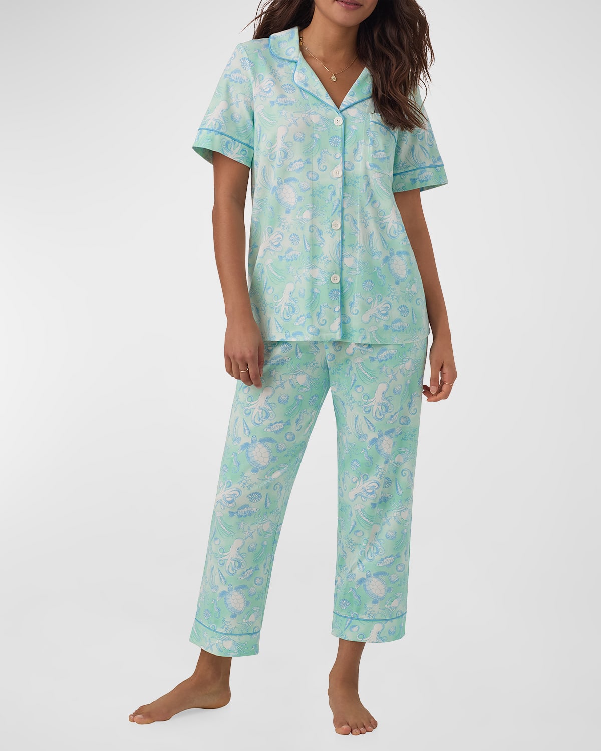 Shop Bedhead Pajamas Cropped Organic Cotton Jersey Pajama Set In Aquatic Life