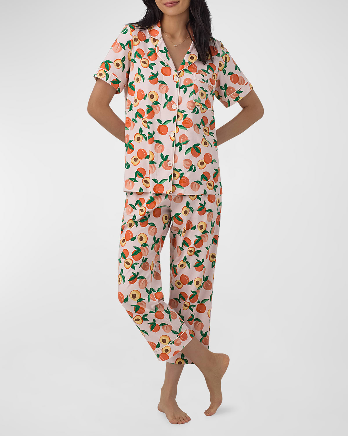 Cropped Peach-Print Cotton Jersey Pajama Set