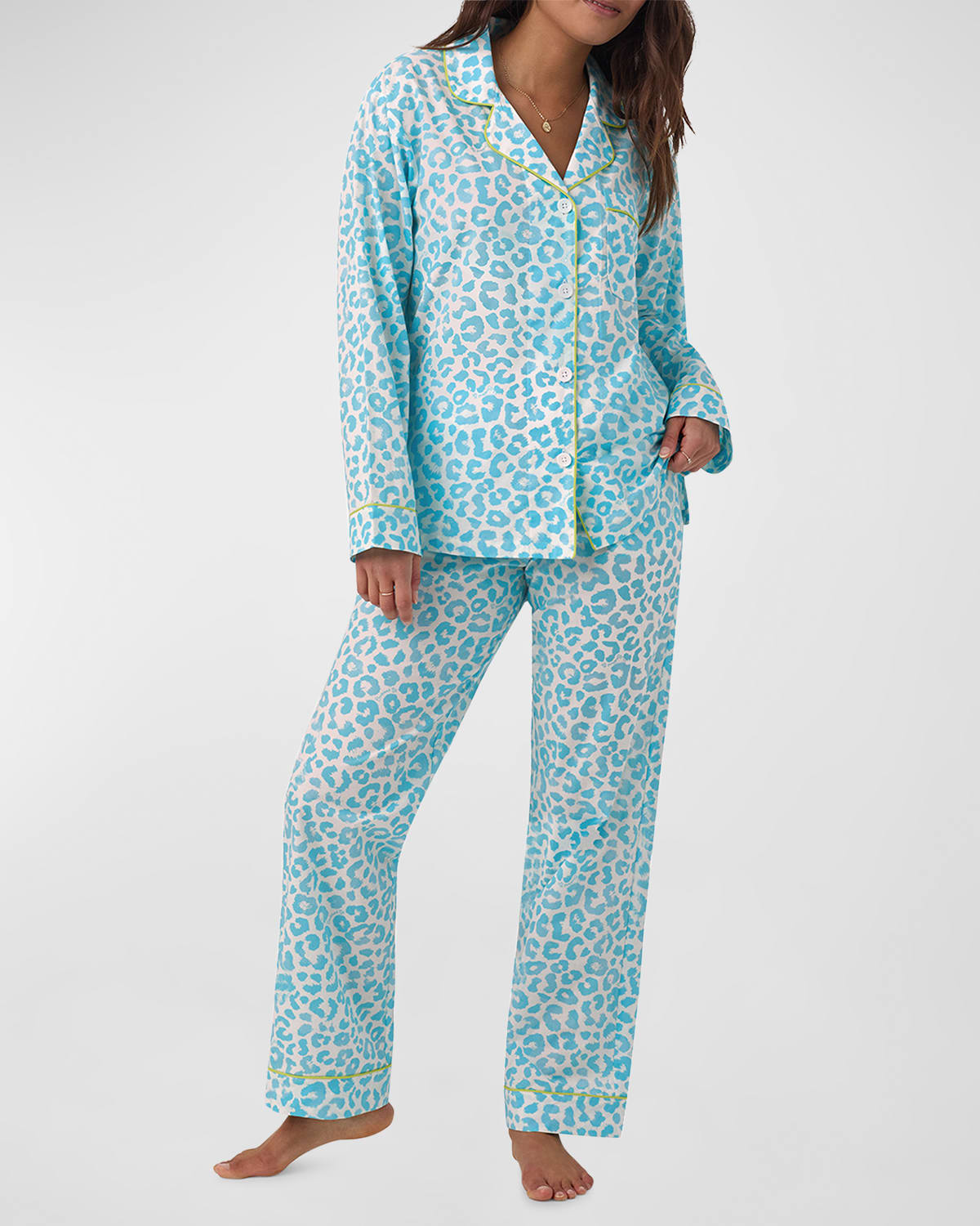 Shop Bedhead Pajamas Leopard-print Organic Cotton Pajama Set In Sea Bright Animal
