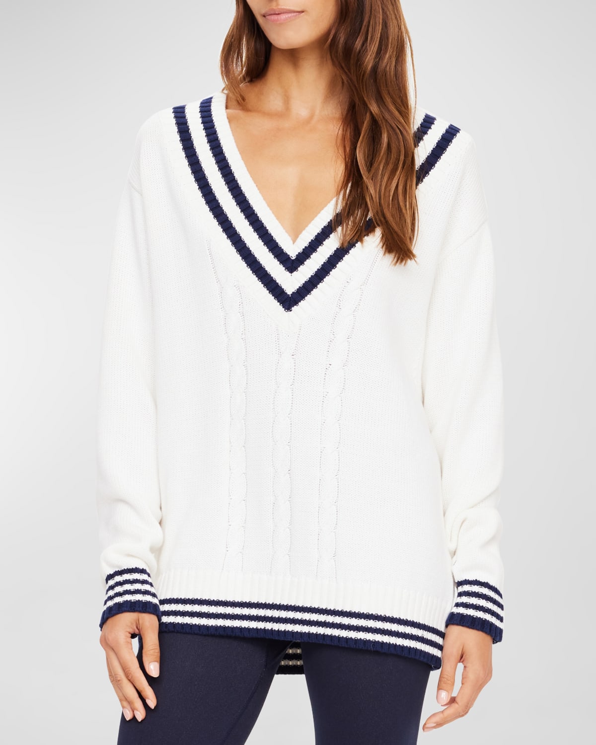 Shop The Upside The Louie Organic Cotton Contrast Stripe V-neck Sweater In White