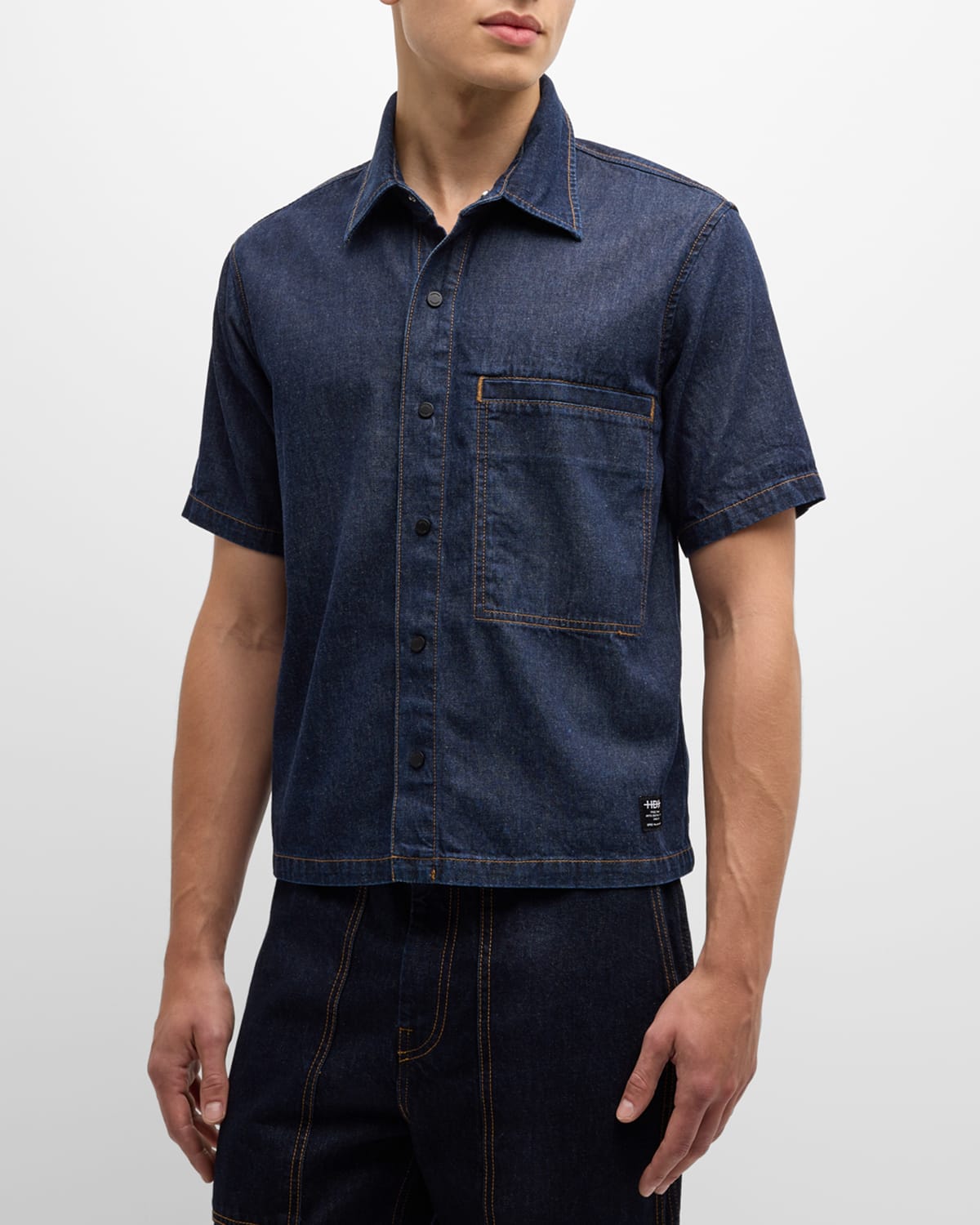Shop Hudson Men's Cropped Rigid Denim Shirt In Dark Chambray