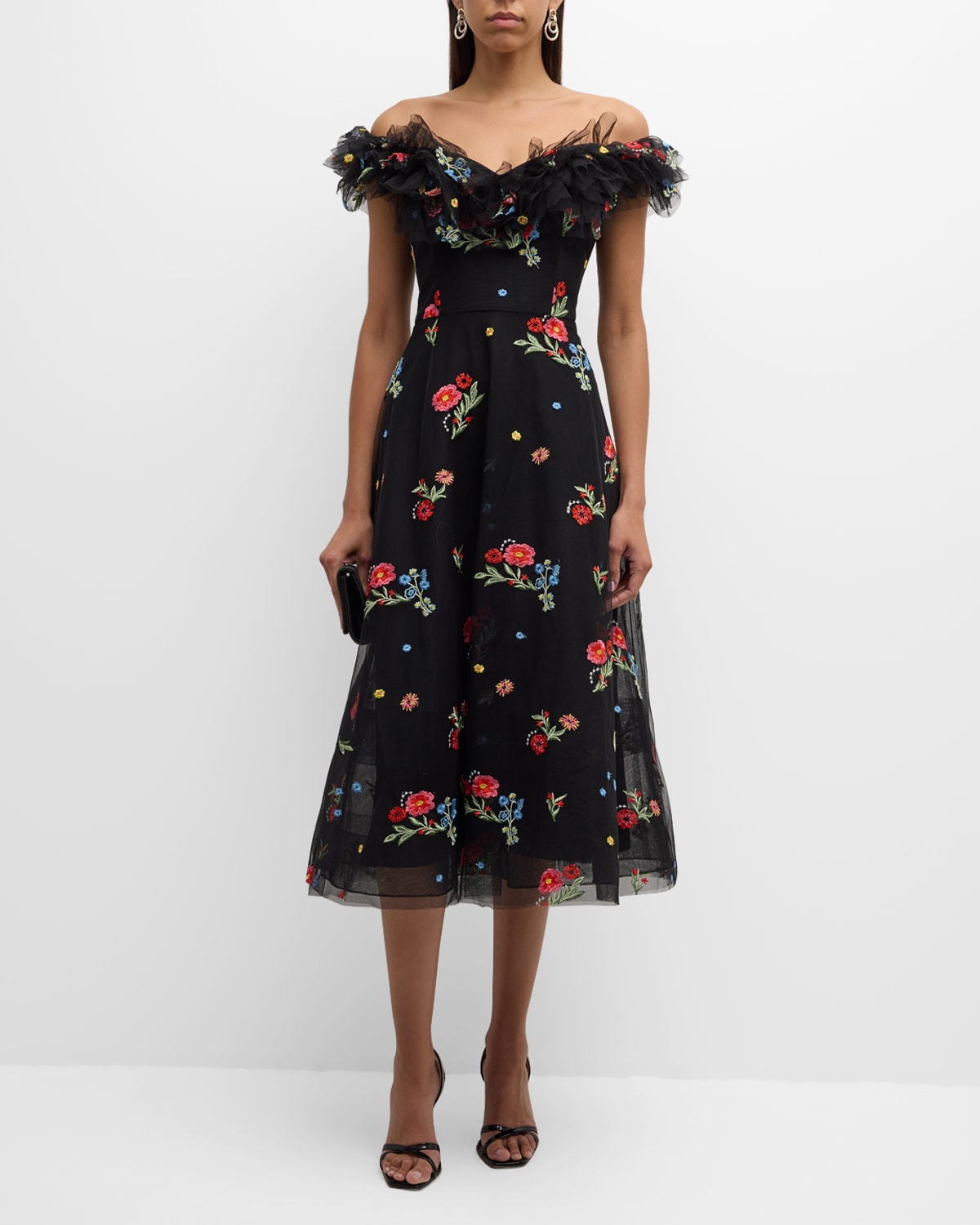 Shop Rickie Freeman For Teri Jon Floral-embroidered Off-shoulder Midi Dress In Black Mult