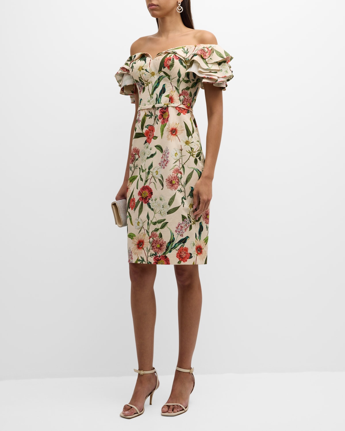 Shop Rickie Freeman For Teri Jon Floral-print Off-shoulder Stretch Cotton Dress In Beige Multi
