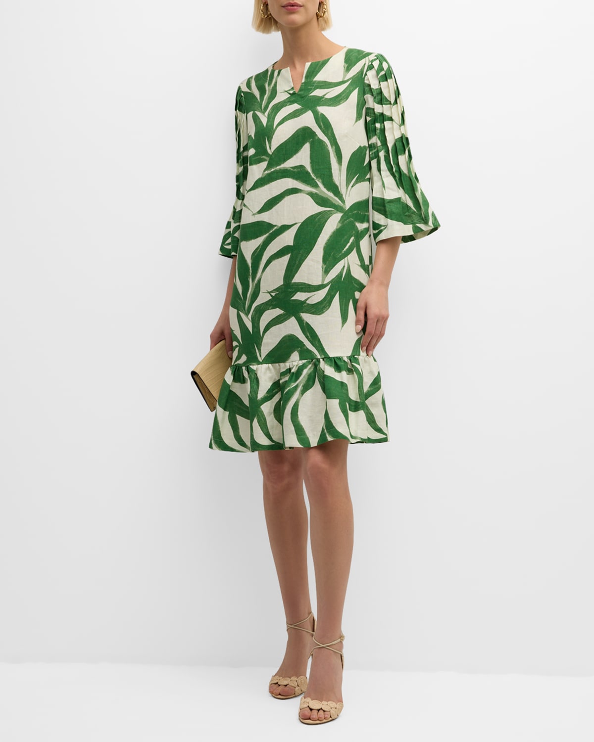 Leaf-Print Ruffle Linen Dress