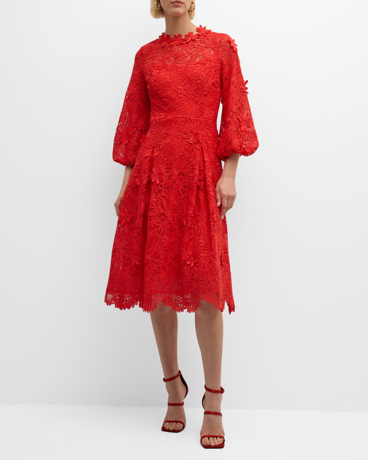 Blouson-Sleeve Floral Lace Midi Dress