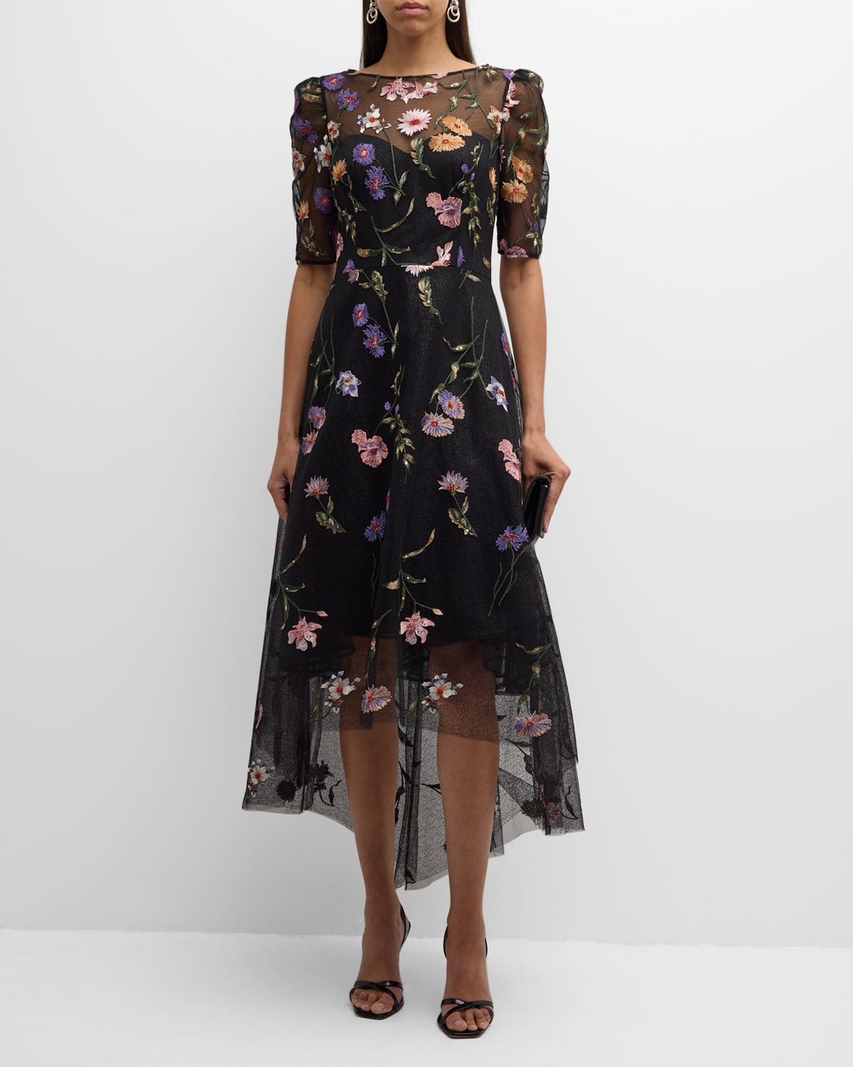 High-Low Floral-Embroidered Tulle Maxi Dress