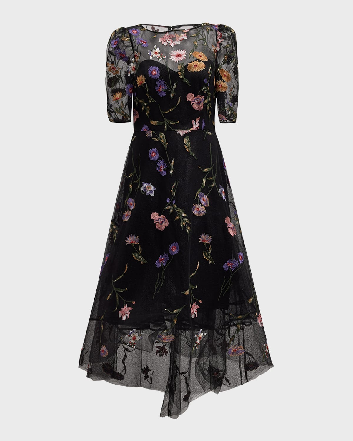 High-Low Floral-Embroidered Tulle Maxi Dress