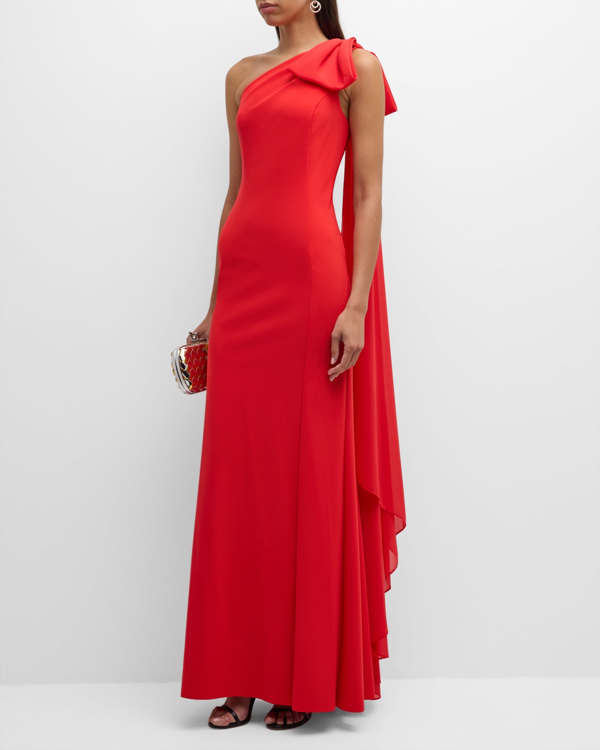 Shop Rickie Freeman For Teri Jon One-shoulder Draped Column Gown In Tomato Red