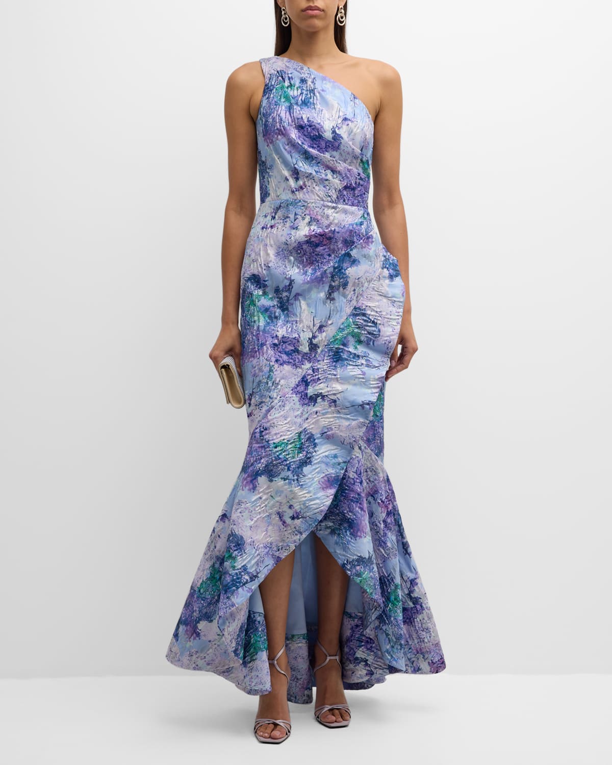 Shop Rickie Freeman For Teri Jon One-shoulder Ruffle Metallic Jacquard Gown In Lilac Mult