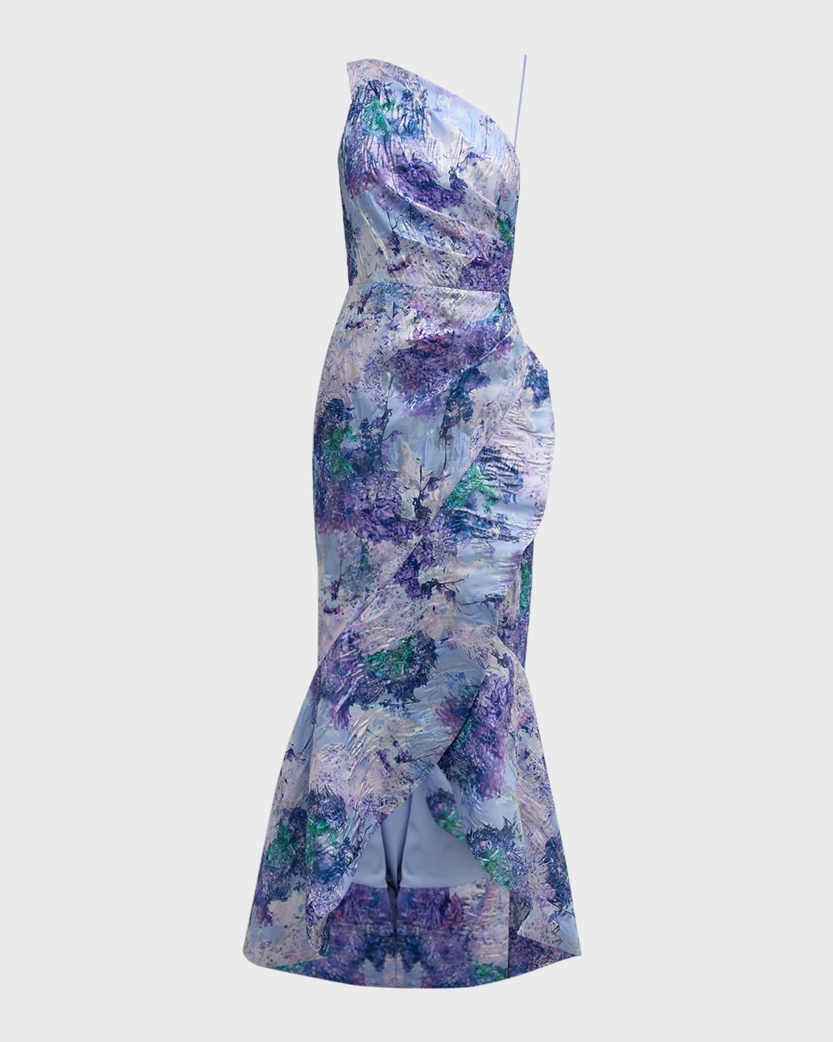 Shop Rickie Freeman For Teri Jon One-shoulder Ruffle Metallic Jacquard Gown In Lilac Mult