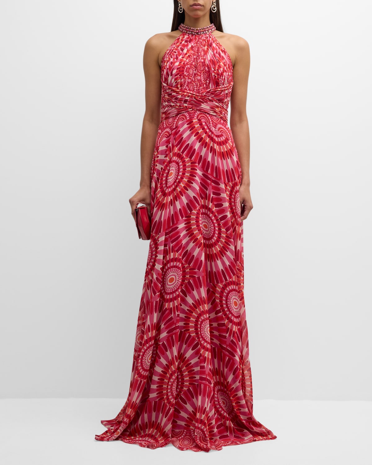 Pleated Bead-Embellished Halter Chiffon Gown