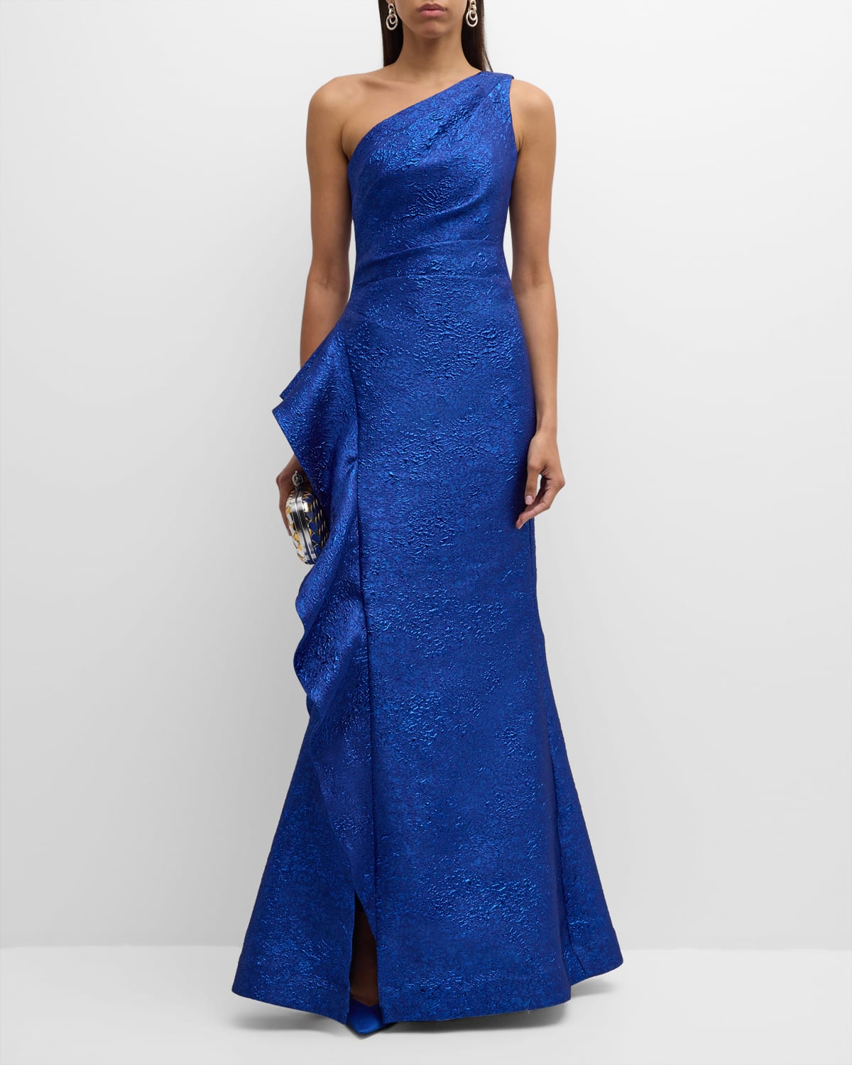 Shop Rickie Freeman For Teri Jon One-shoulder Ruffle Metallic Jacquard Gown In Royal Blue