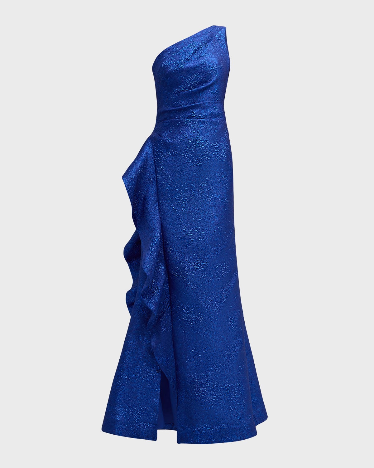 Shop Rickie Freeman For Teri Jon One-shoulder Ruffle Metallic Jacquard Gown In Royal Blue