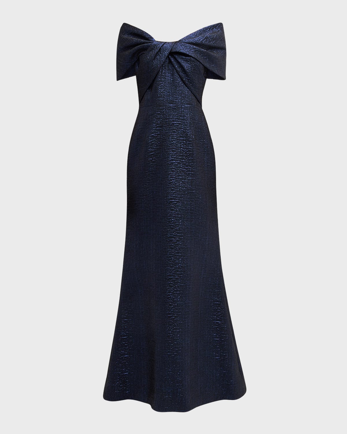 Rickie Freeman For Teri Jon Off-shoulder Metallic Jacquard Mermaid Gown In Sapphire