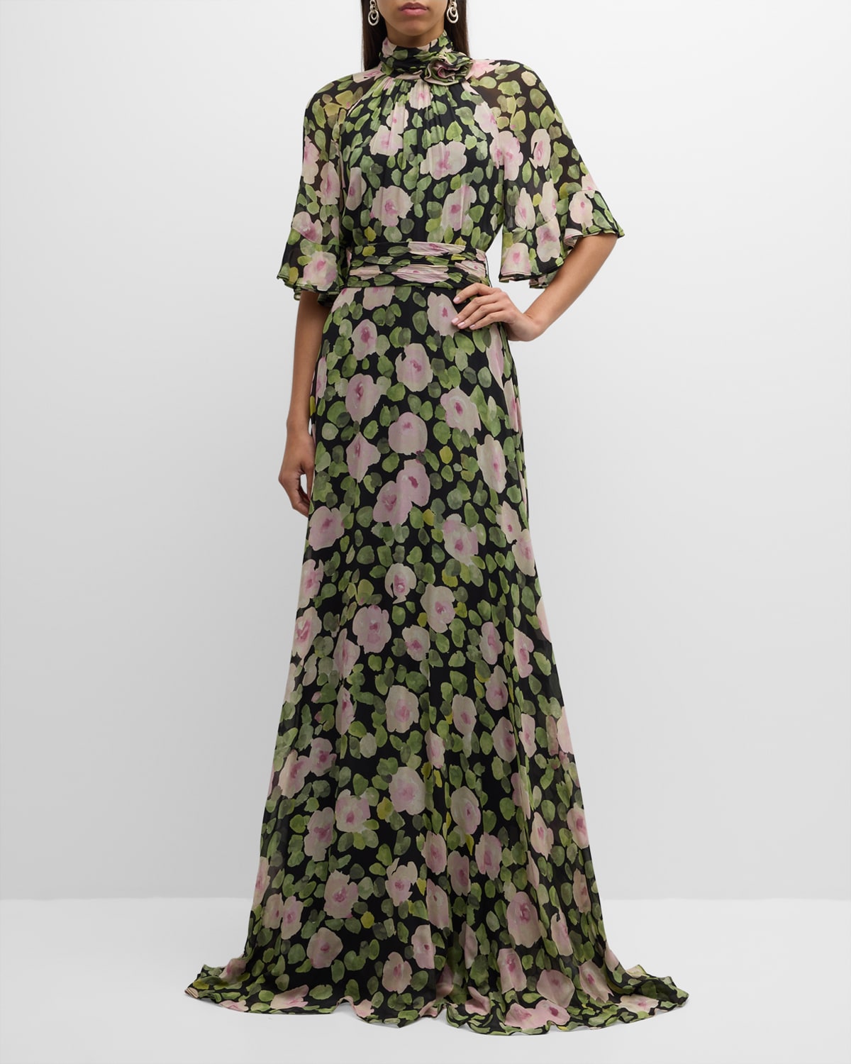 Turtleneck Floral-Print Chiffon Gown