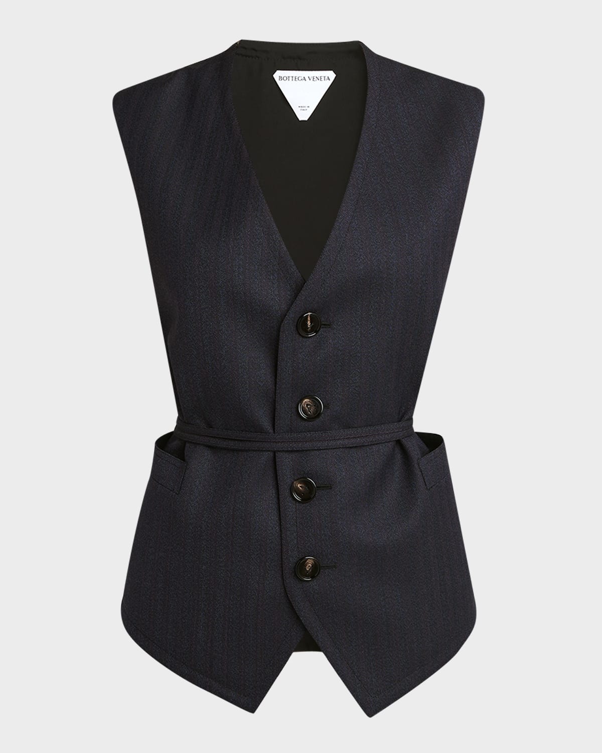 Bottega Veneta Subtle Striped Wool Gilet With Tie Waist In Blue/black