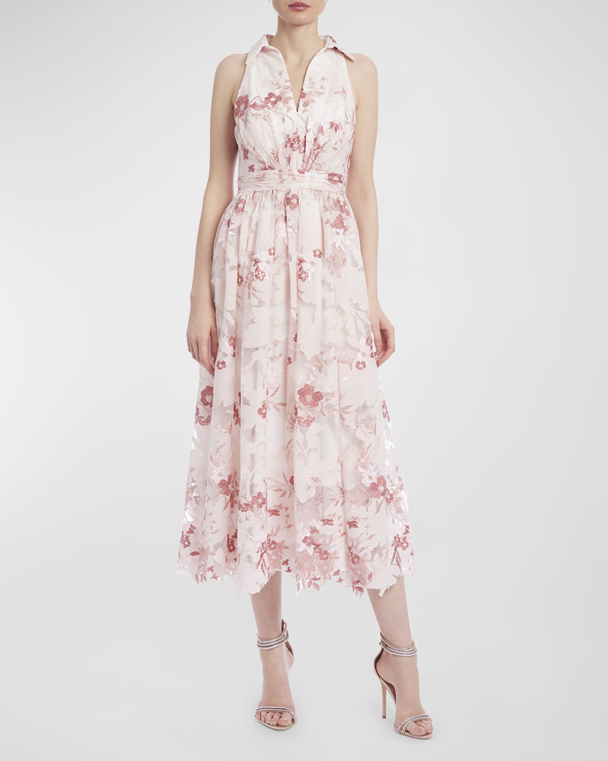 Shop Badgley Mischka Sleeveless Floral Jacquard Midi Dress In Blush Multi