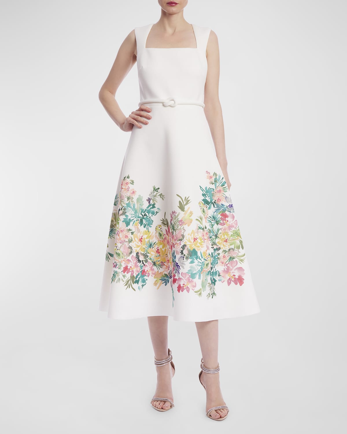 Shop Badgley Mischka Square-neck Floral-print Midi Dress In Ivory Multi