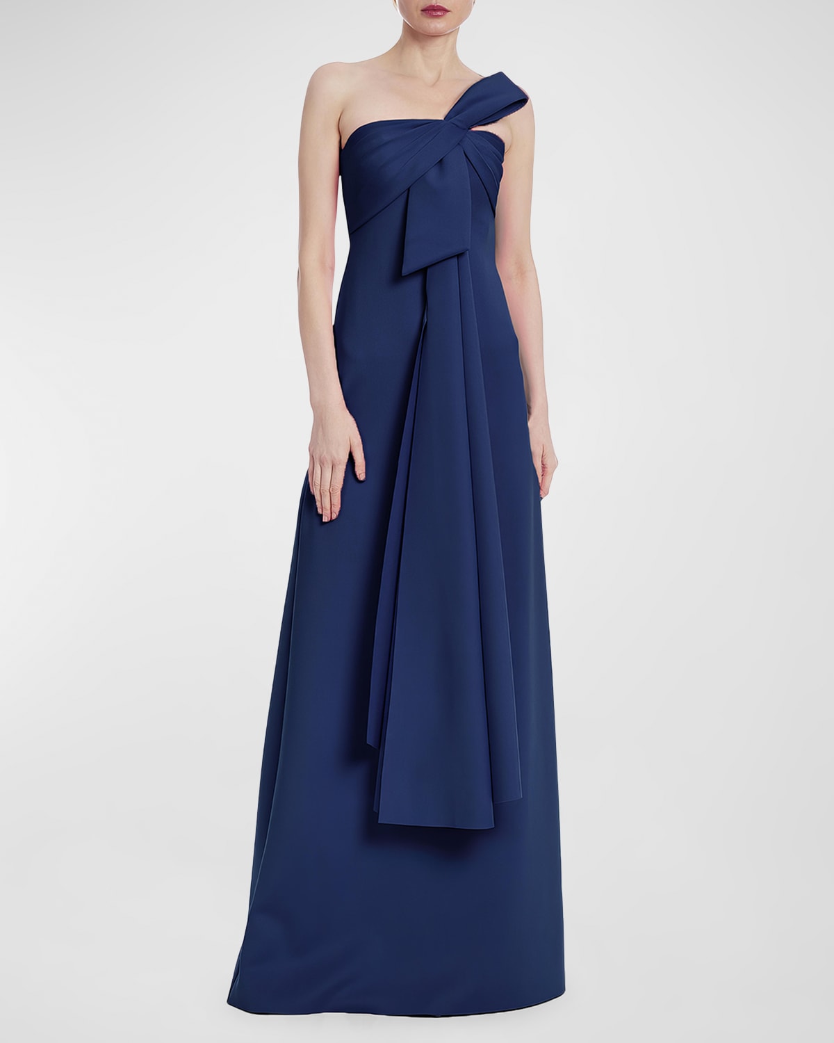 Shop Badgley Mischka Strapless Draped Bow-front Gown In Navy