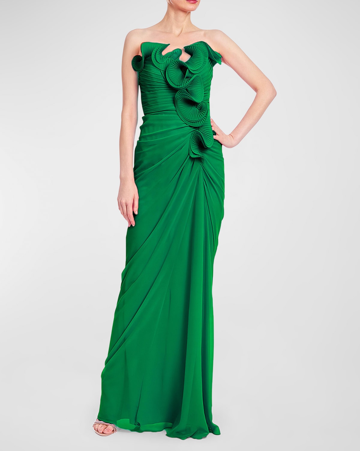 Strapless Pleated Ruffle Column Gown