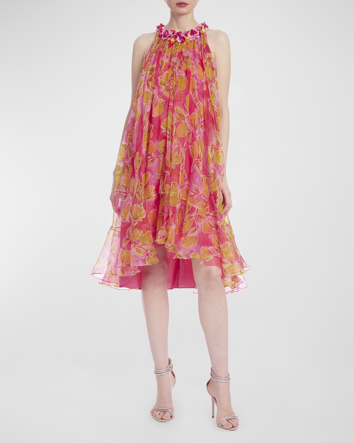 Badgley Mischka Floral-print High-low Trapeze Halter Midi Dress In Pink