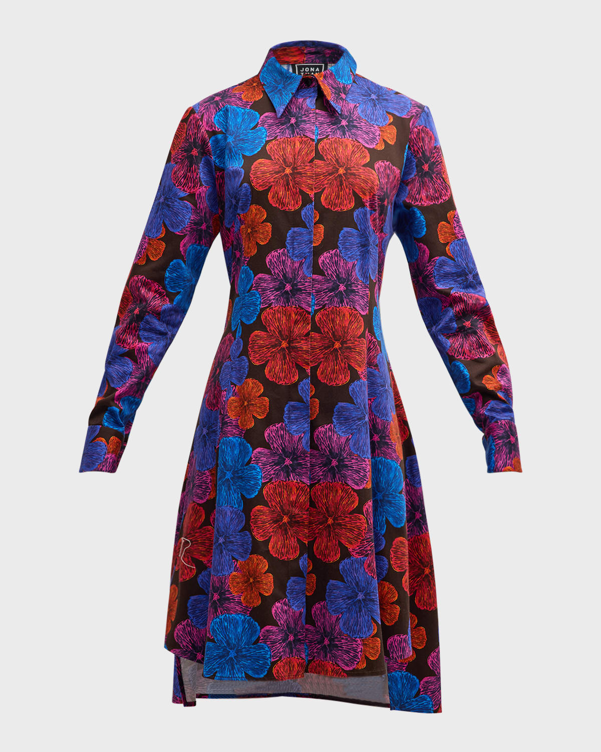 Floral-Print Pleated Long-Sleeve Shirtdress