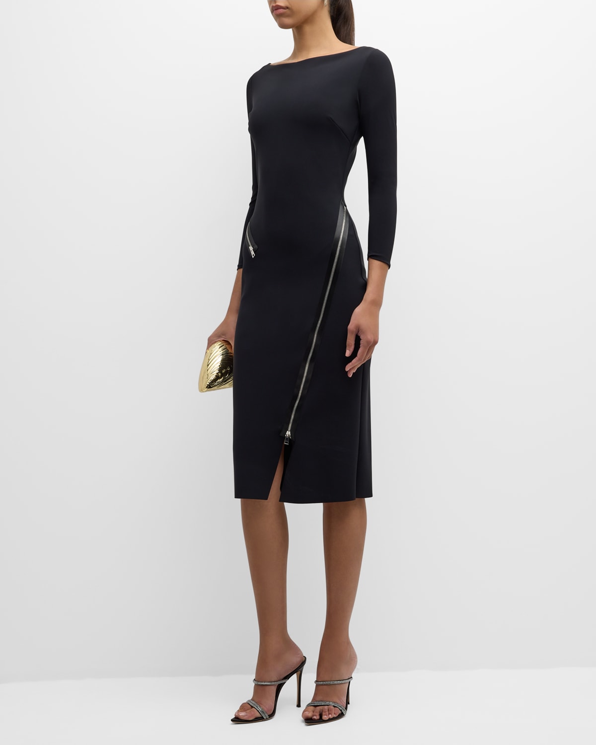 Shop Chiara Boni La Petite Robe Bateau-neck Zipper-trim Bodycon Midi Dress In Black