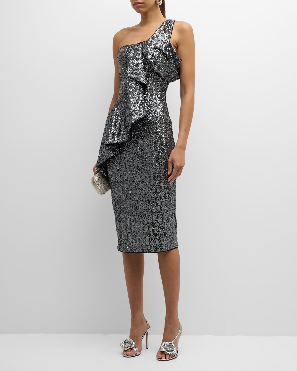 Shop Chiara Boni La Petite Robe One-shoulder Ruffle Sequin Midi Dress In Dark Silver