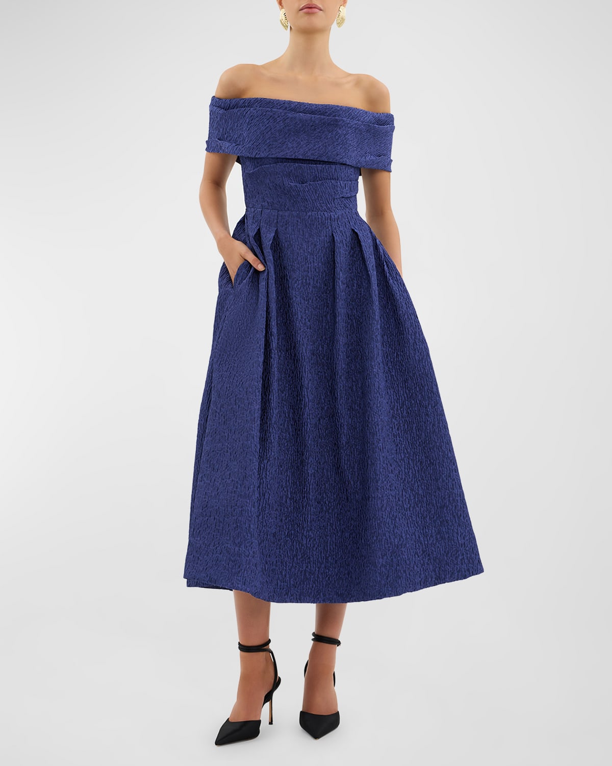 Shop Rebecca Vallance Helene Pleated Off-shoulder Jacquard Midi Dress In Blue