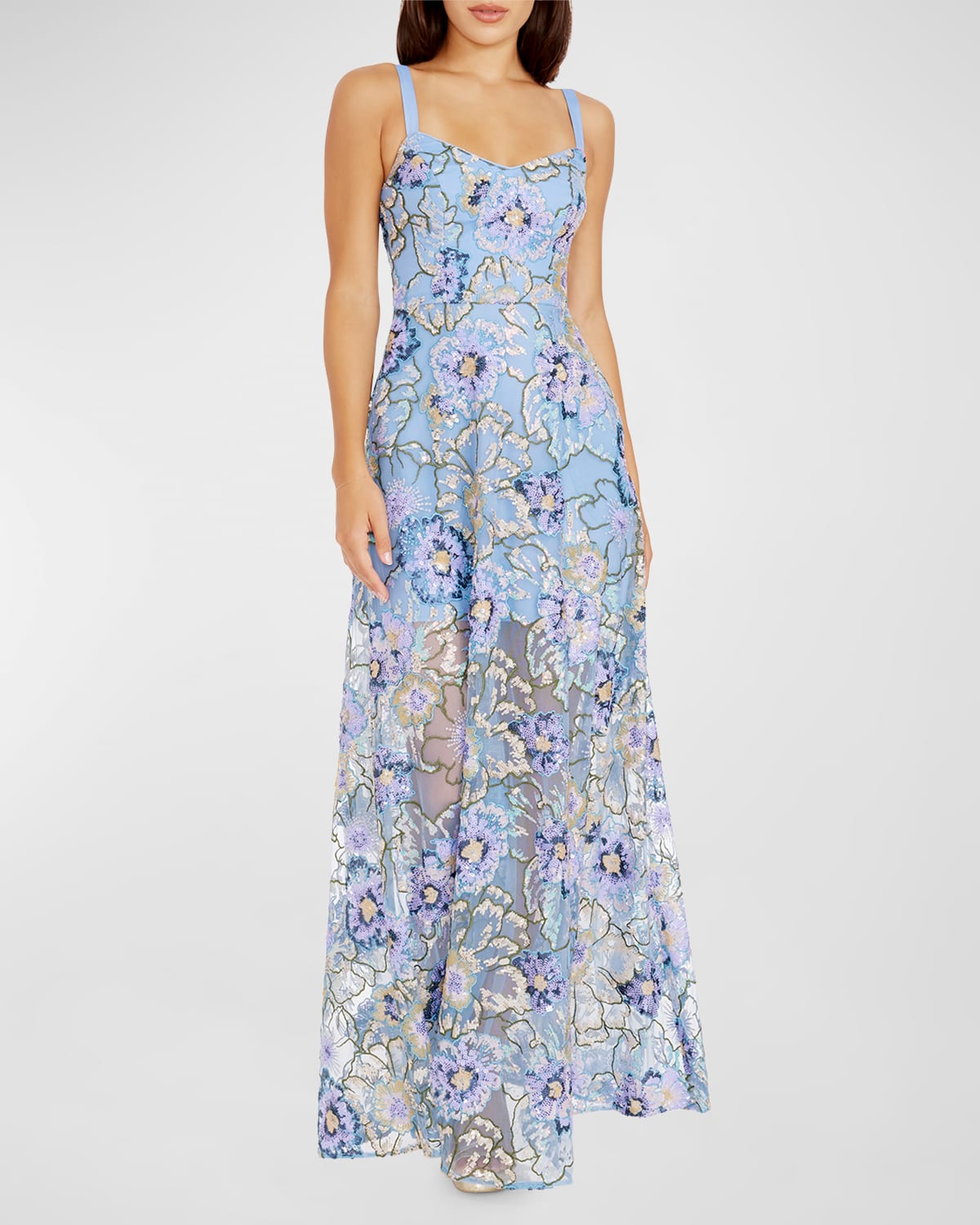 Shop Dress The Population Black Label Nina Sleeveless Sequin Floral A-line Gown In Sky Multi
