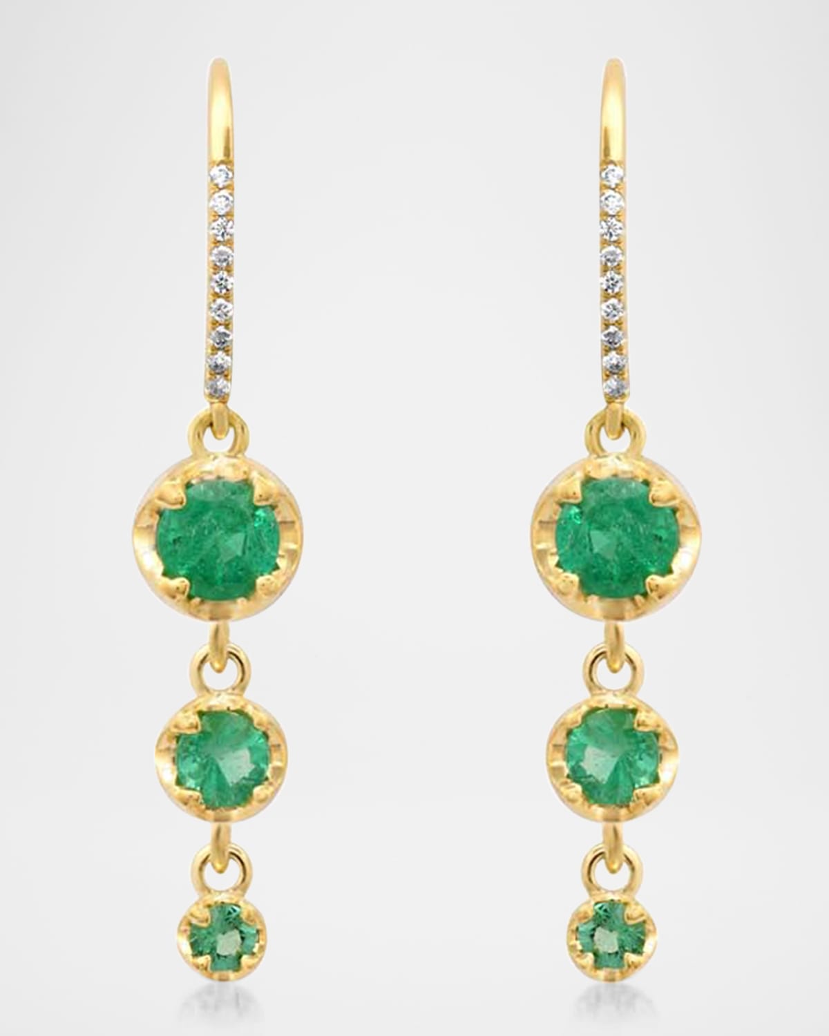 18K Yellow Gold 3 Graduated Illusion Set Earrings with Emeralds