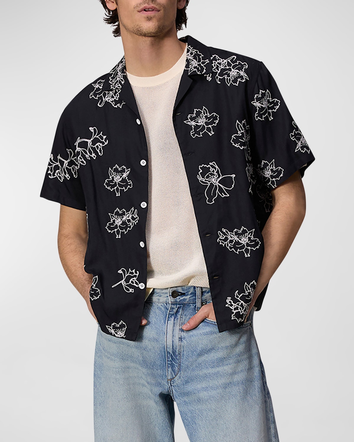 Rag & Bone Men's Avery Embroidered Camp Shirt In Black