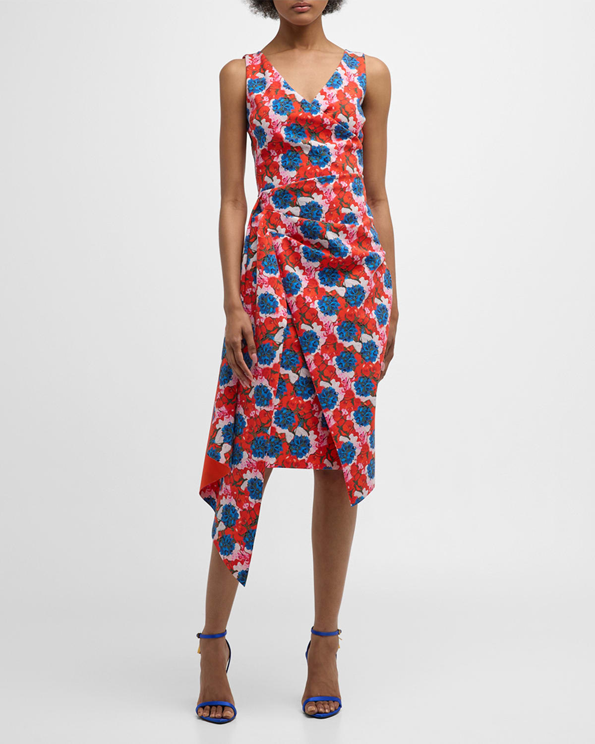 Pleated Floral-Print Bodycon Dress