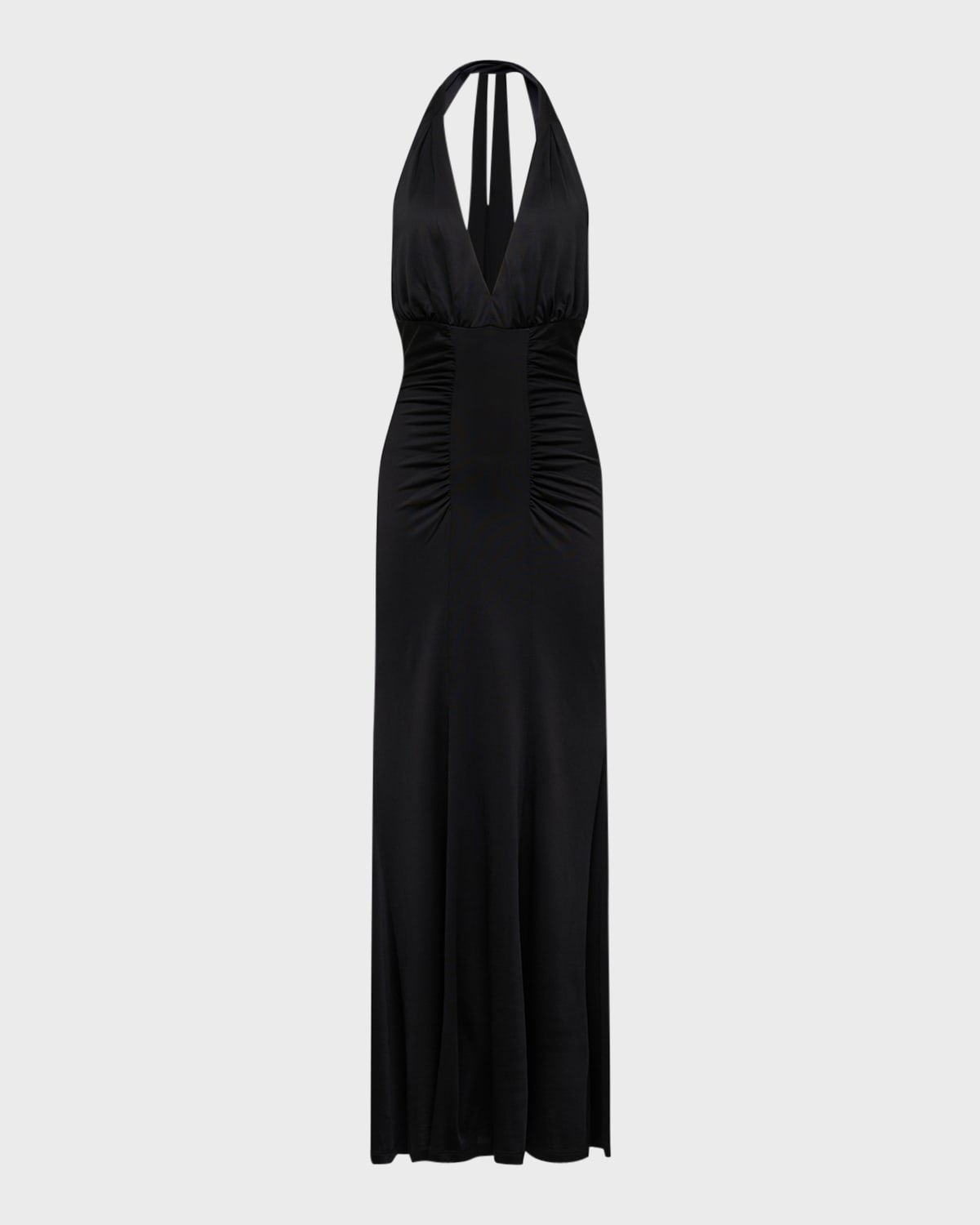 Makayla Ruched Deep V-Neck Halter Maxi Dress