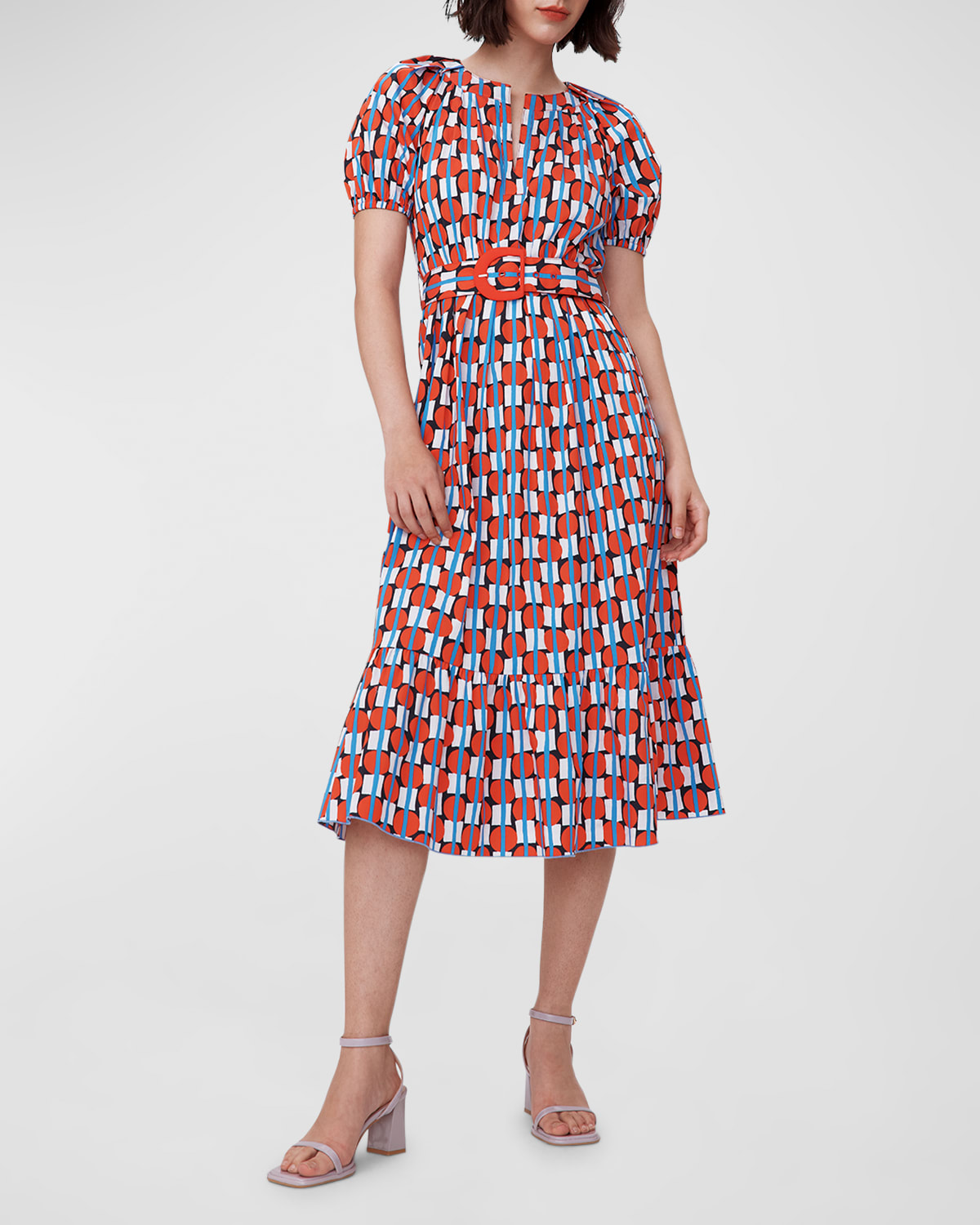 Shop Diane Von Furstenberg Lindy Geometric-print Puff-sleeve Midi Dress In Maypole Red