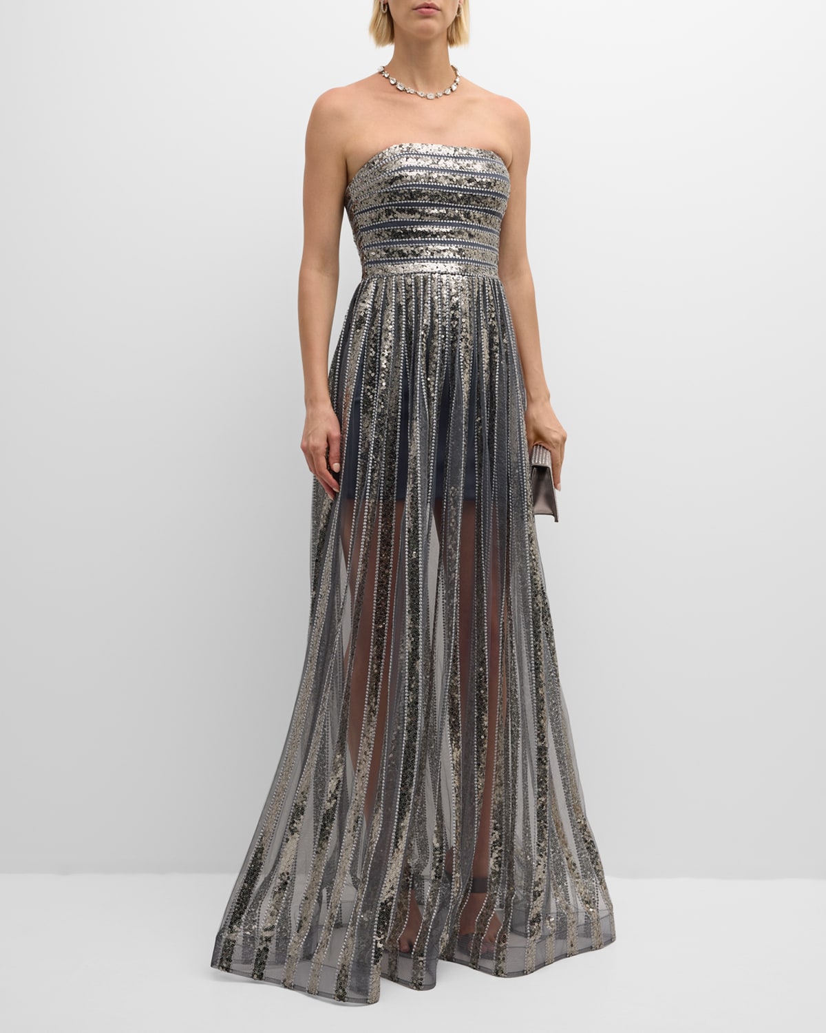 Strapless Sequin Striped Gown