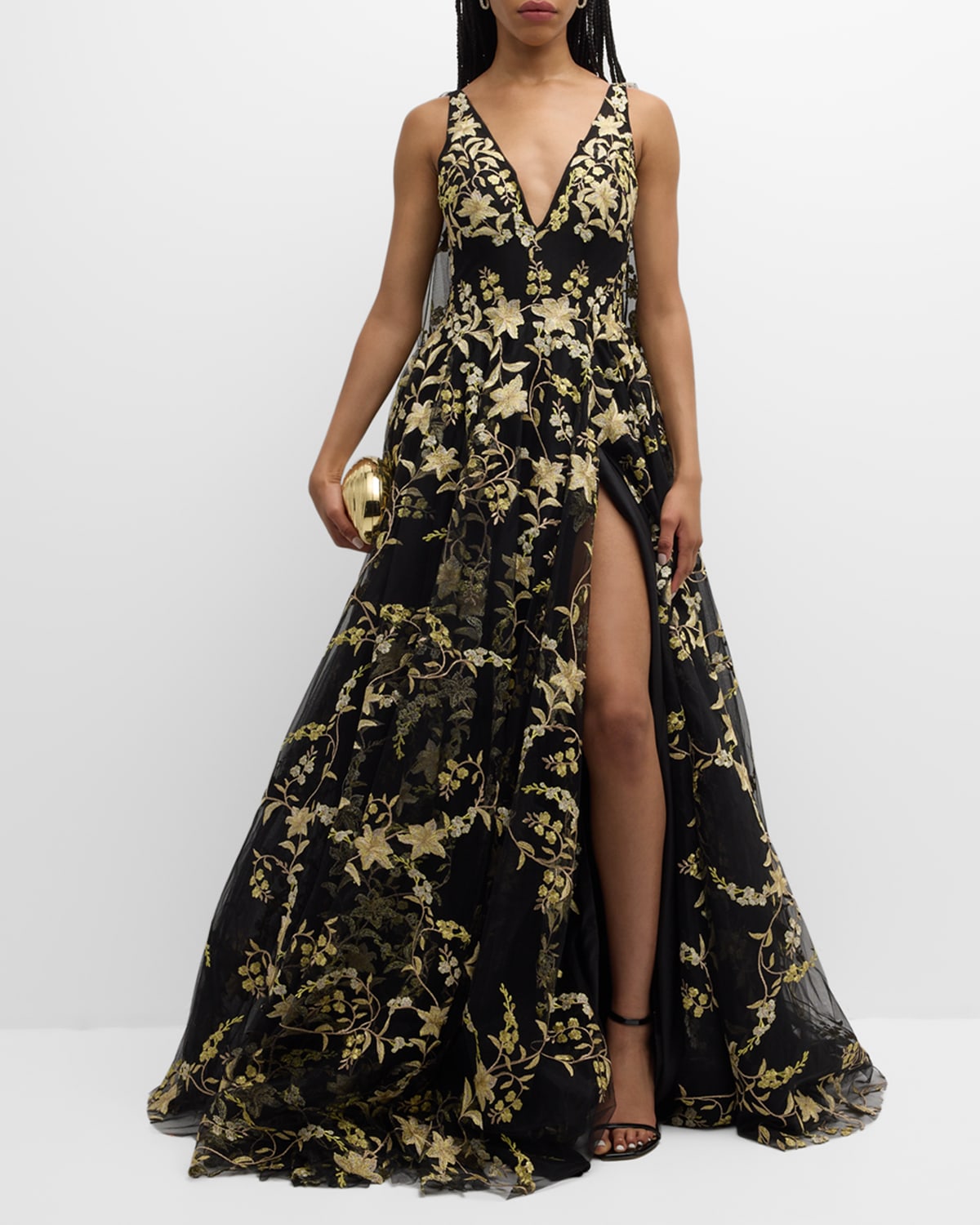 Sleeveless Floral-Embroidered Ball Gown