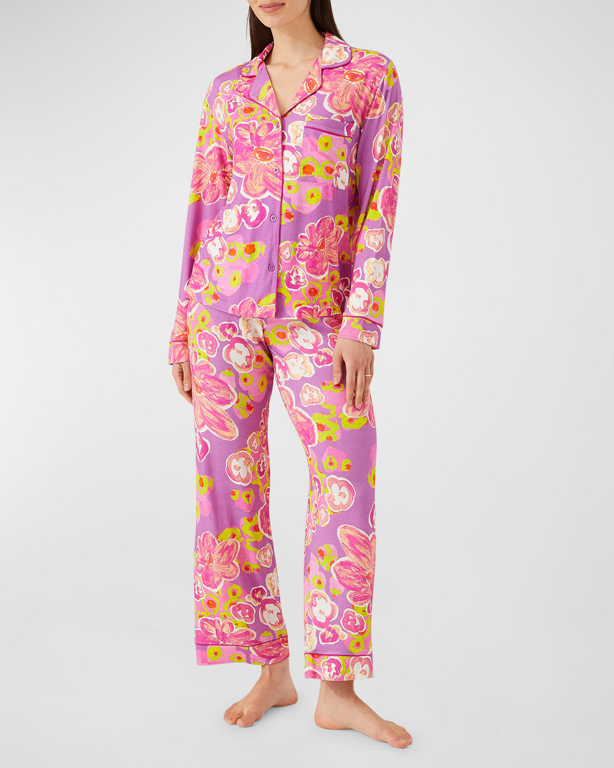 Alivia Sofia Cropped Floral-print Jersey Pajama Set In Purple