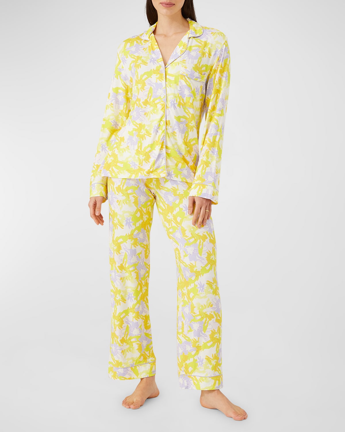 Shop Alivia Sofia Cropped Floral-print Jersey Pajama Set In Yellow Painterly Petals