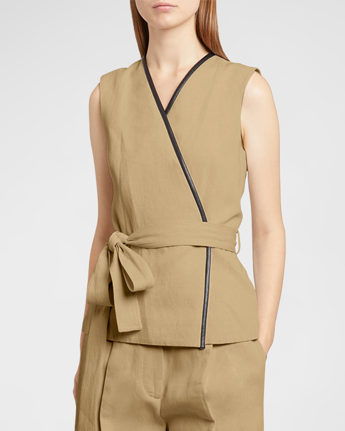 Proenza Schouler Elliot Leather-piping Belted Cotton-linen Sleeveless Wrap Top In Brown