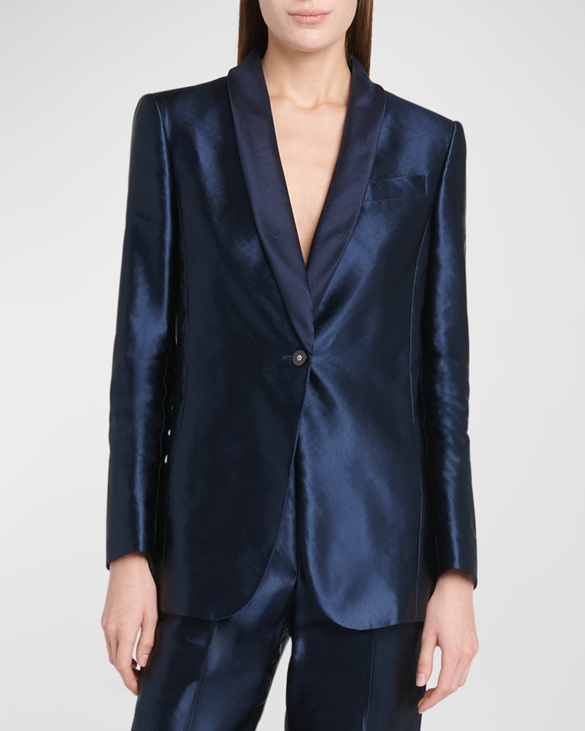 Giorgio Armani Linen Silk Single-button Blazer Jacket In Blue