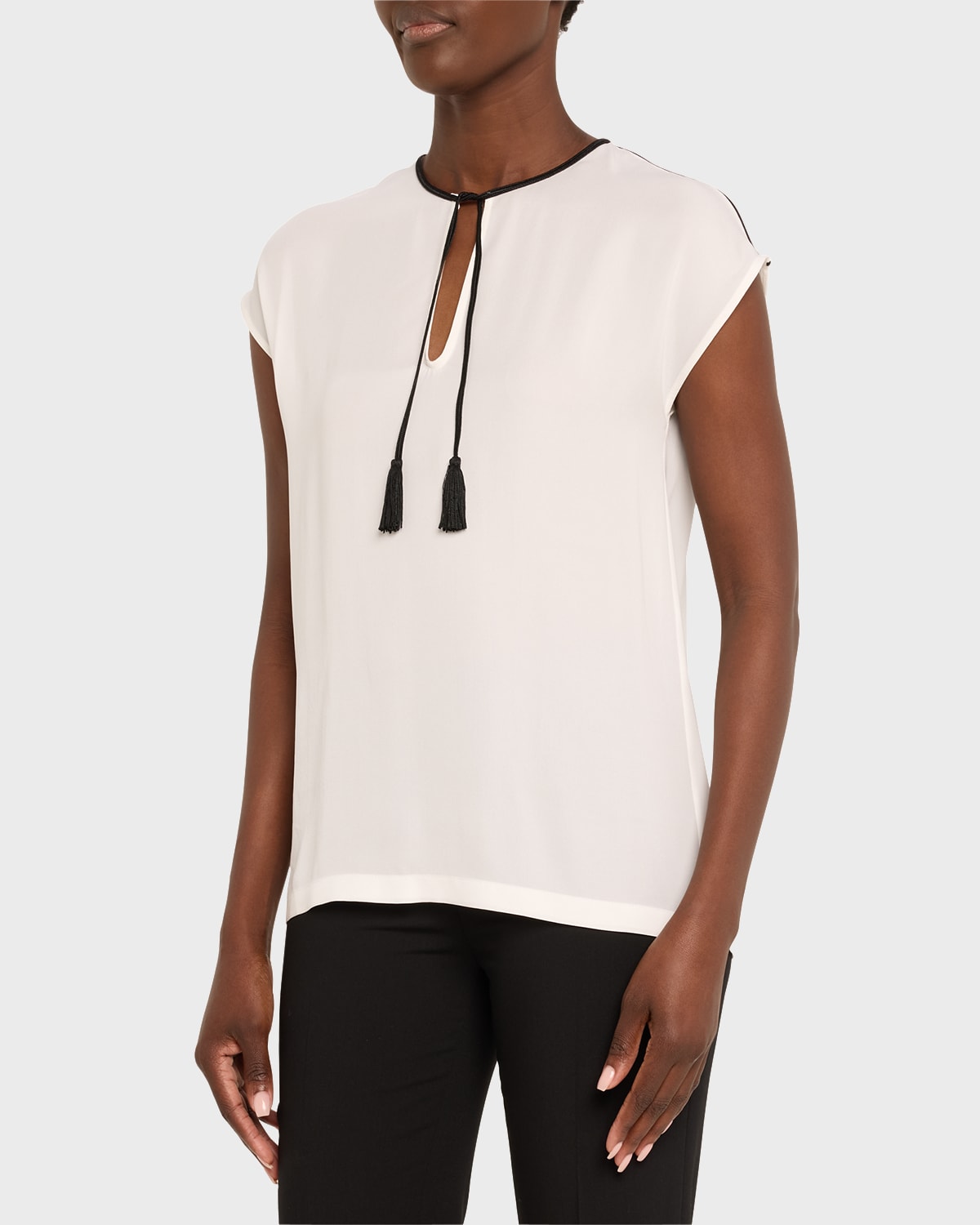 Shop Giorgio Armani Silk Georgette Short Blouse With Tie Neck Detail In Solid White