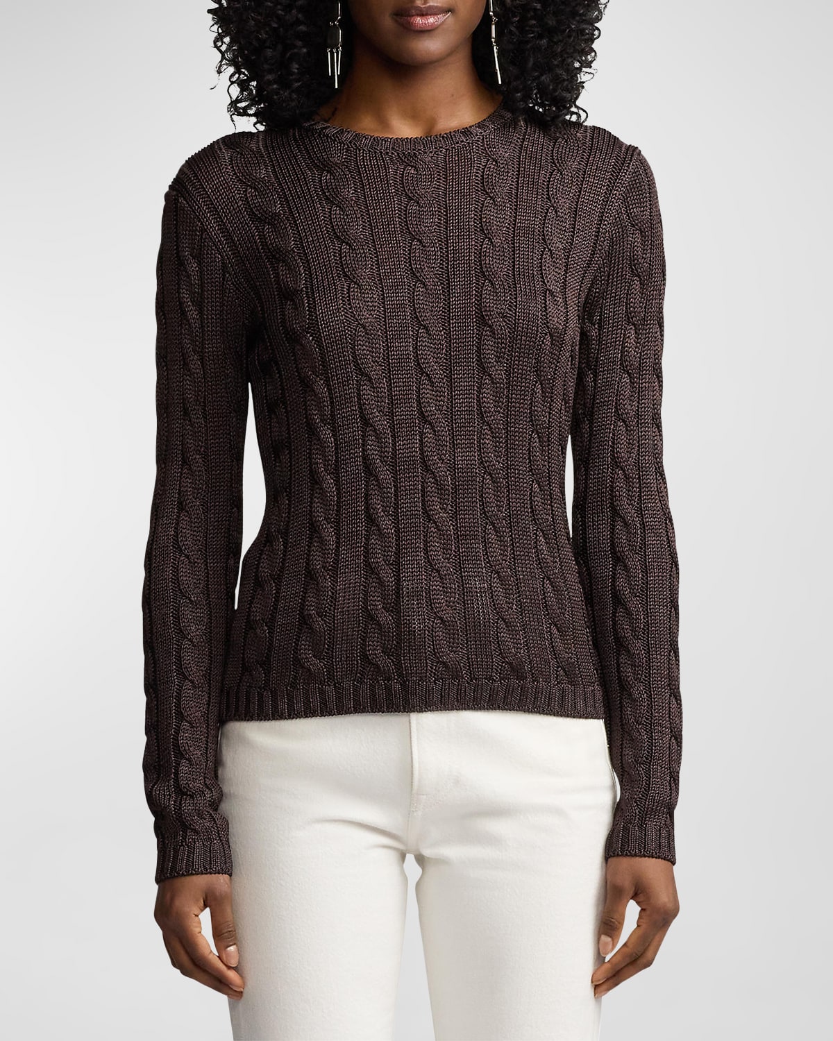 Shop Ralph Lauren Shiny Cable Silk Crewneck Sweater In Brown