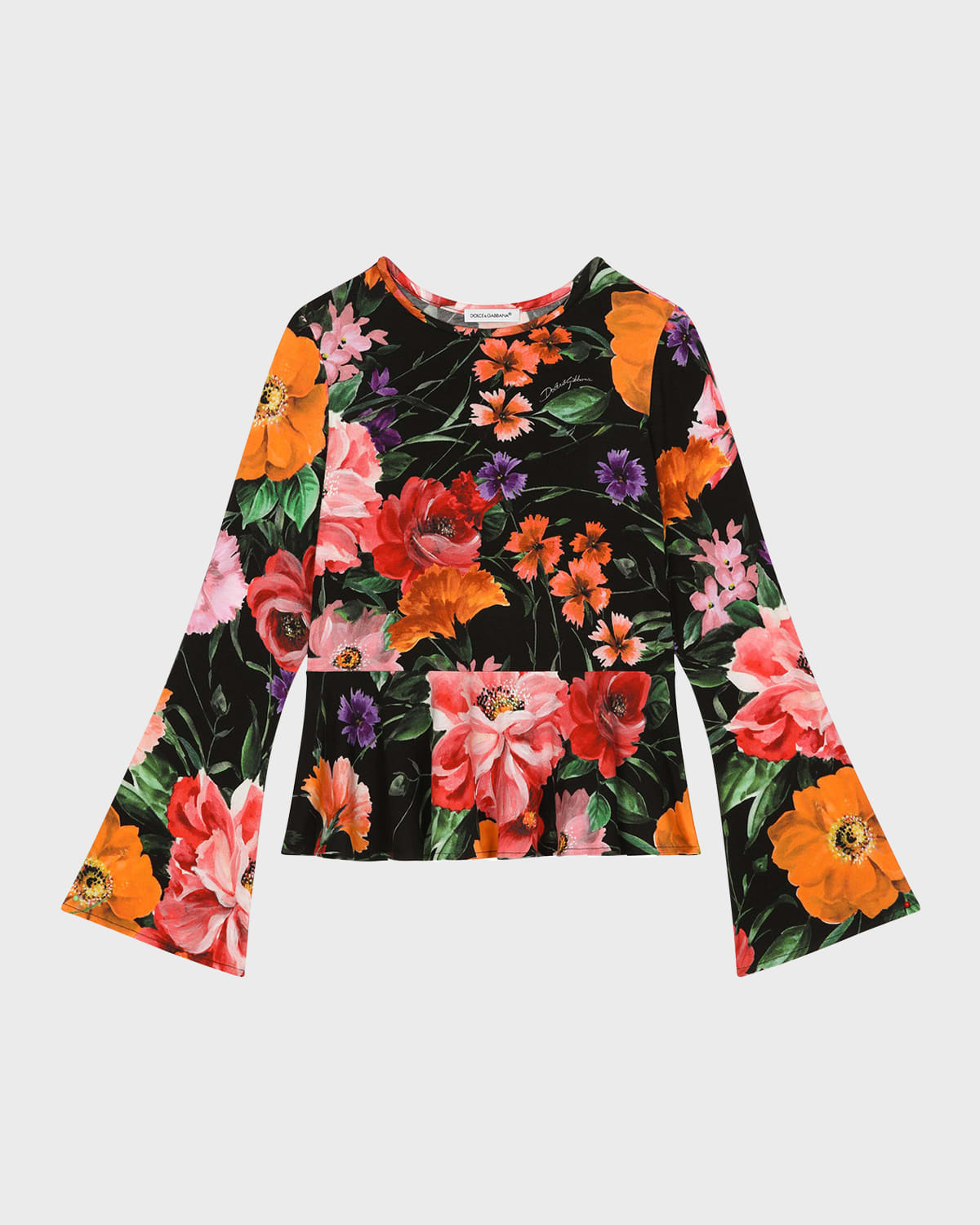 Shop Dolce & Gabbana Girl's Floral-print Bell Sleeve Top In Black Print