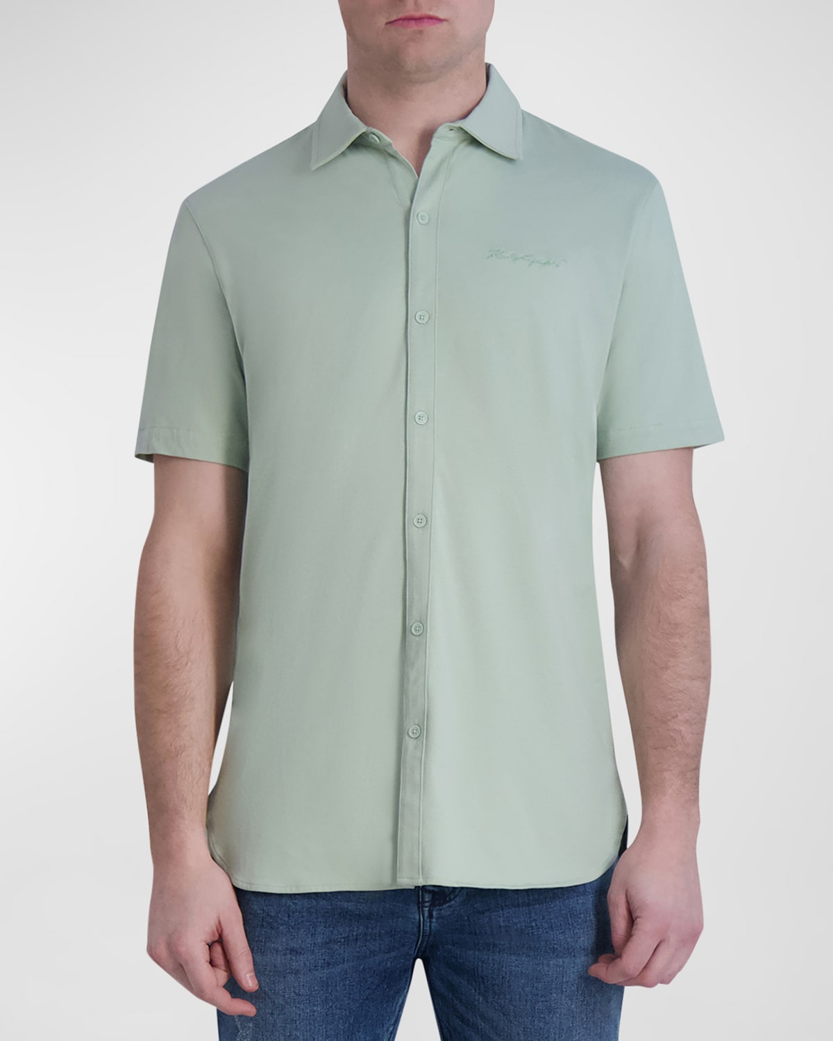 Shop Karl Lagerfeld Men's Jersey Button-down Shirt In Mint