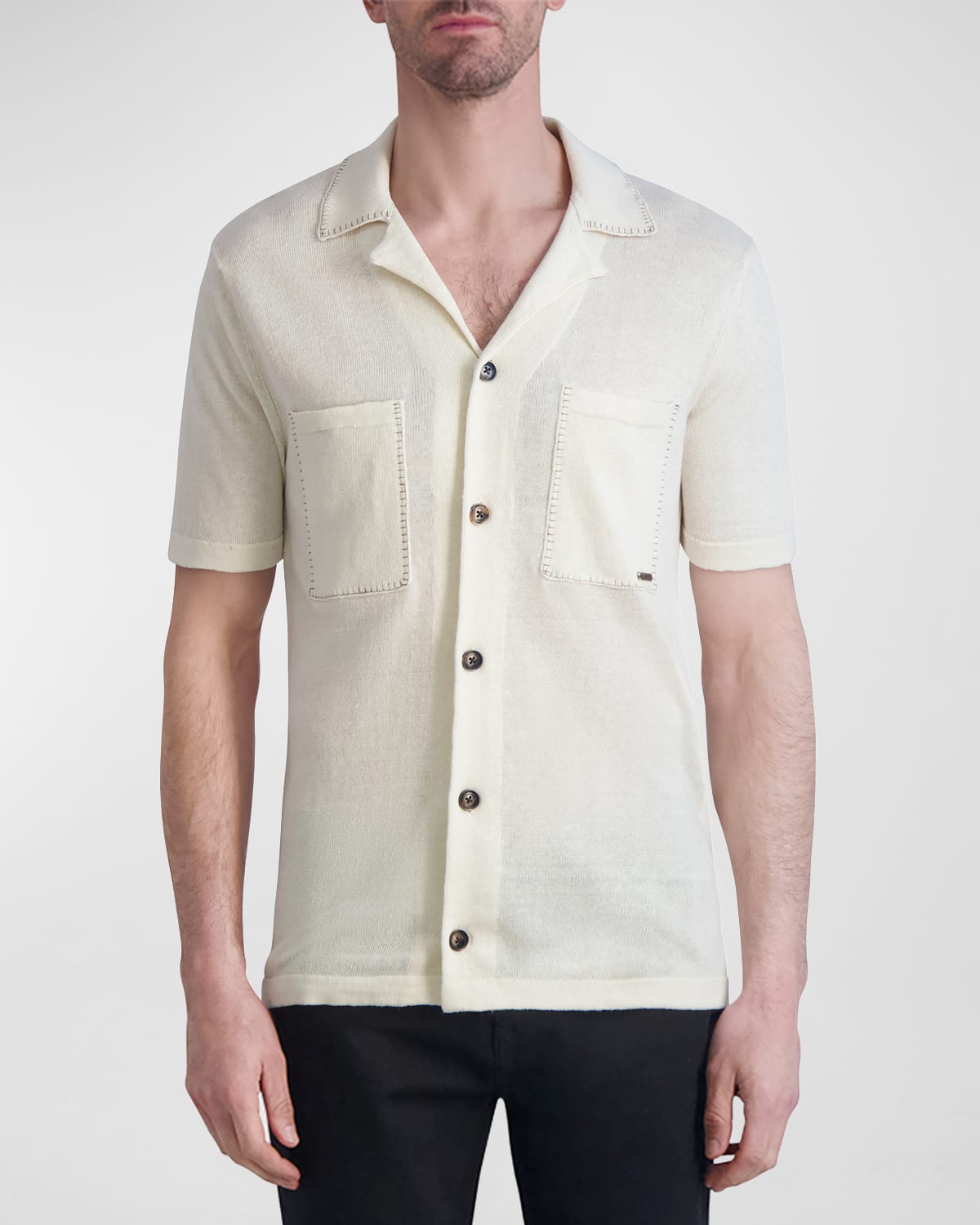 Shop Karl Lagerfeld Paris White Label Men's Knit Button-down Shirt In Natural