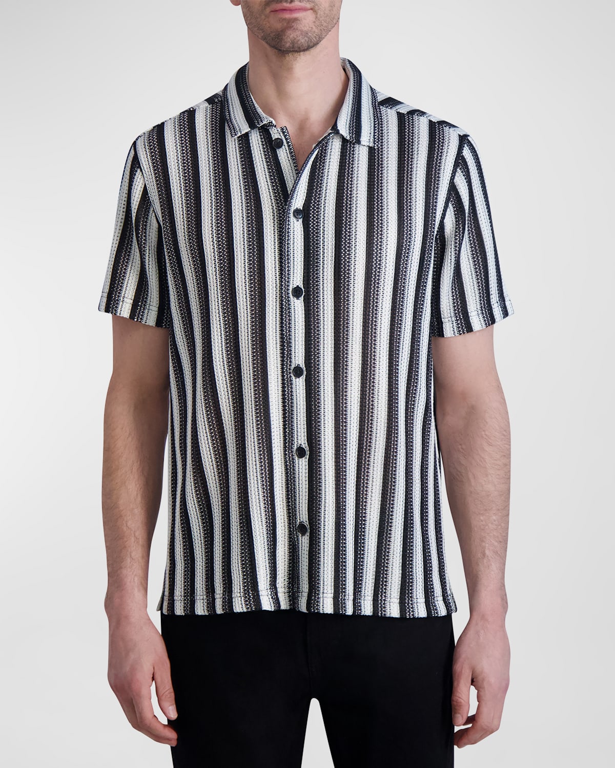 Shop Karl Lagerfeld Paris White Label Men's Knit Striped Button-down Shirt In Black/white