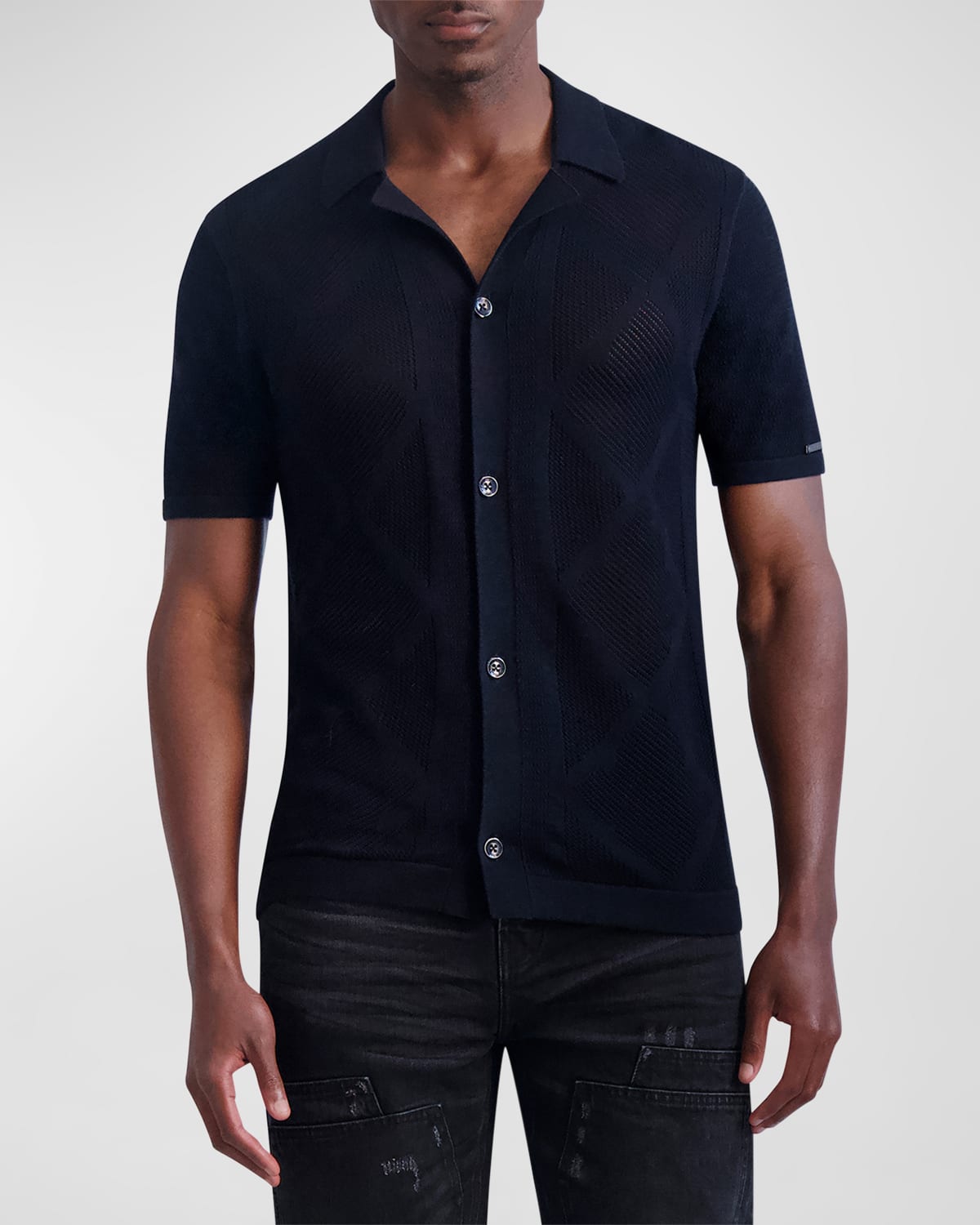 Shop Karl Lagerfeld Paris White Label Men's Knit Button-down Shirt In Black