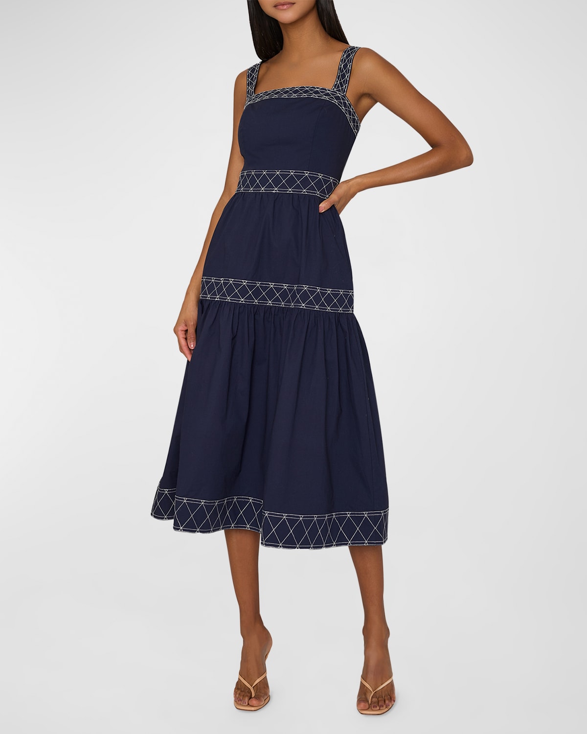 Shop Milly Annette Embroidered Cotton Poplin Midi Dress In Navy