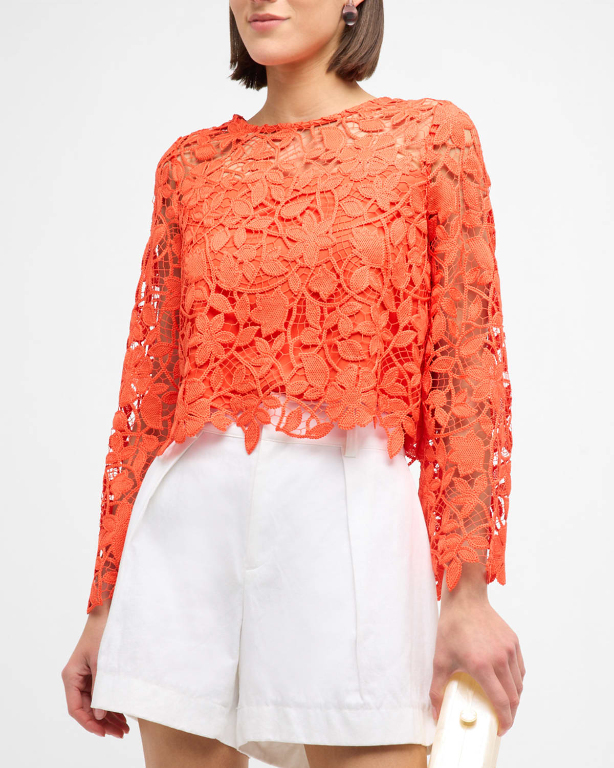 Shop Milly Catelyn Cropped Floral Lace Top In Coral
